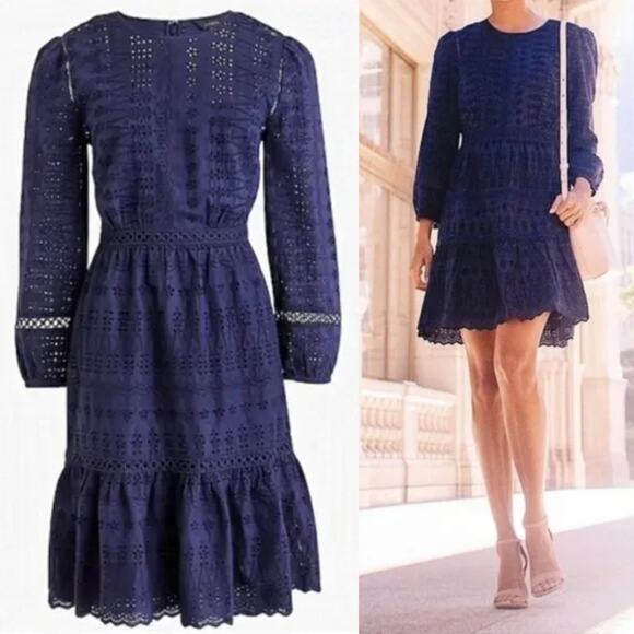 J. Crew Eyelet Lace Dress Long Sleeve Flutter Hem Mini Navy Blue Womens Size 12 - Picture 1 of 15